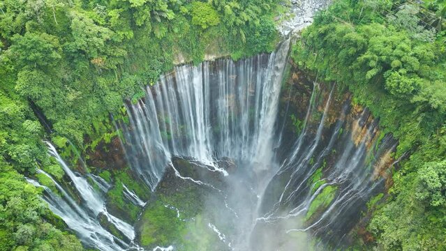 Aerial view of Tumpak Sewu waterfall. Java Island, Indonesia