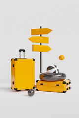 Vertical collage picture of summer baggage suitcase inflatable ring beach ball navigation direction sign isolated on white background