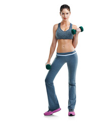 Woman, fitness and portrait with weights and smile isolated on a transparent, png background. Young female person, workout and healthy model feeling happy with exercise wellness and body training