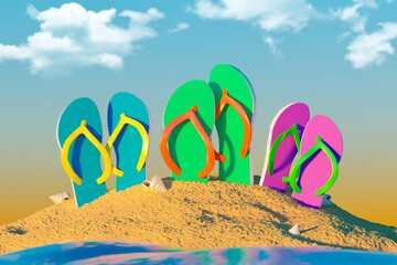 Artwork collage image of diversity different colors beach flip flop shoes sand ocean sea beach...