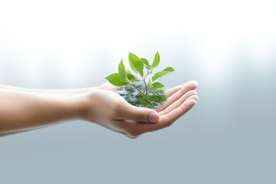 2023 world environment day 3d concept background. White background technology concept in hand grip, ai generative