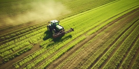 AI Generated. AI Generative. Green field with tractor combine. Beautiful farm landscape. Graphic Art - obrazy, fototapety, plakaty