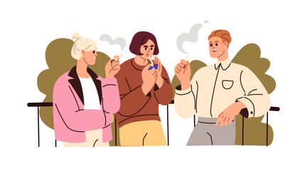 People smoking cigarettes, talking. Colleagues, office workers smokers during smoke break. Men, women friends with bad habit, tobacco addiction. Flat vector illustration isolated on white background