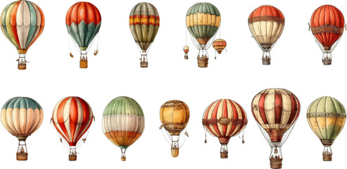 Colorful vintage hot air balloons, adventure vehicles white background
