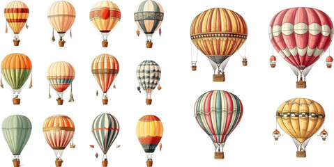 Colorful vintage hot air balloons, adventure vehicles white background