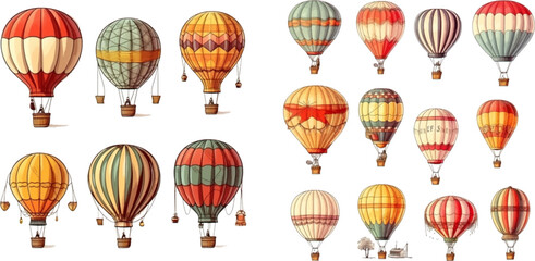 Colorful vintage hot air balloons, adventure vehicles white background