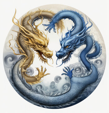 two dragons are in the shape of a dragon and an ancient yin, generative AI