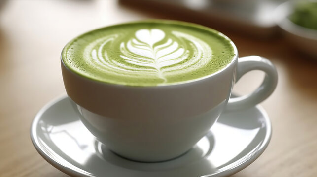 Matcha latte cup closeup background blurred. Generative Ai