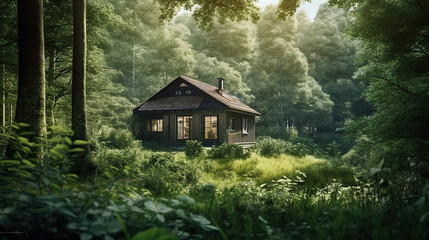house in the middle of a lush green forest. Generative Ai
