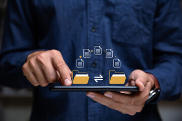 FTP(File Transfer Protocol) files receiver and backup copy. File sharing isometric. Exchange information, Hand of man holding phone with file transfer.