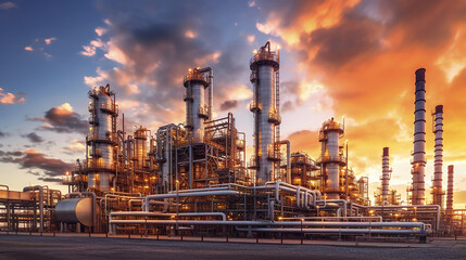 Fototapeta Close up Industrial view at oil refinery plant form industry zone with sunrise and cloudy sky. Generative Ai obraz