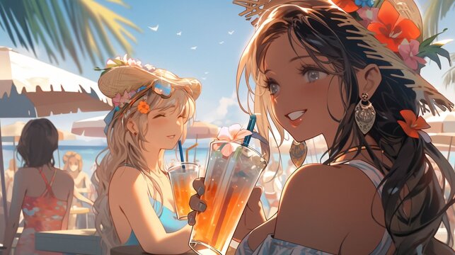 Lofi Girls in a bikini on a beach bar, anime background design, wallpaper in nature, Generative AI