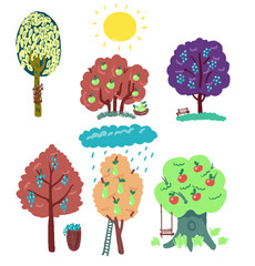 vector illustration of garden trees with fruits, illustration on white background of fruit trees