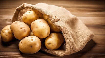 Raw potato food. Fresh potatoes in an old sack on wooden background. Top view. Generative Ai