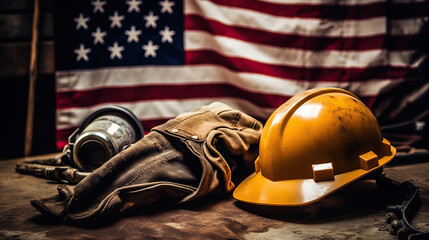 Happy Labor day concept. American flag with different construction tools. Generative Ai