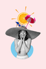 Vertical collage picture of astonished black white effect girl hands touch cheeks straw sunhat mini umbrella lounger orange fruit instead sun