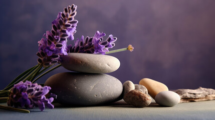 Spa still life with stack of stones and lavenders. Generative Ai