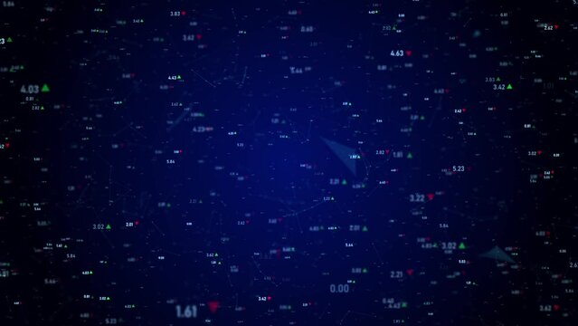 Animating Numbers and Connected Dots. Algorithms and Data Structures Concept over Dark Background