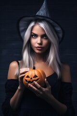 Portrait women wearing halloween costume holding pumpkin made with Generative AI