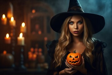 Portrait of beautiful woman in witch halloween made with Generative AI - obrazy, fototapety, plakaty