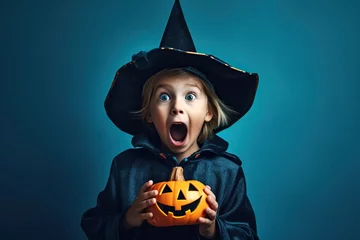 Fototapeten Portrait of kid wearing witch halloween costume with pumpkin made with Generative AI © Tebha Workspace