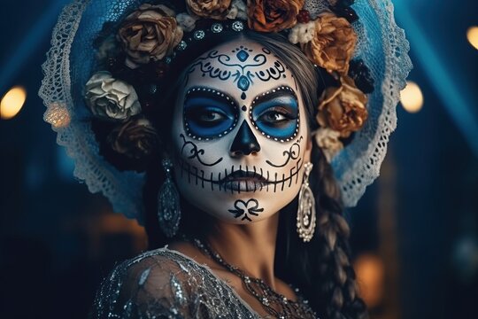Portrait woman with sugar skull make up made with Generative AI