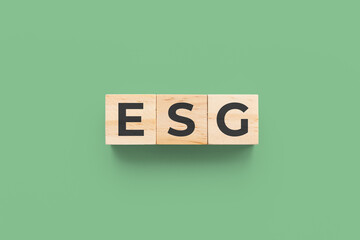 ESG (Environmental, Social and Governance) wooden cubes on green background