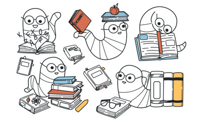 Hand drawn funny bookworms doodle set. Smiling worms in glasses on stacks of books reading and learning educational literature. Happy smart animal characters study colorful textbooks.