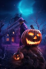 Portrait man with jack o lantern on the cemetery made with Generative AI