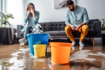 The roof is leaking, the pipe in the house has burst: water is dripping into the buckets in the living room. Frustrated people in the background. AI Generative - obrazy, fototapety, plakaty