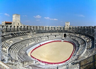 Arles, May 2023 : Visit the beautiful city of Arles en Provence - Historical city with its arena and ancient theater - View on the arena	