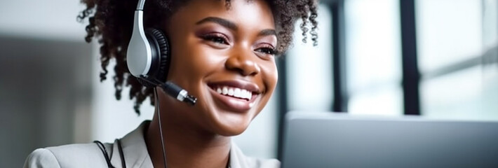 Smiling American customer service representative working with a headset in the office. Call center agent with headset making a video call. Black woman telemarketing agent in a call center. Banner. AI 