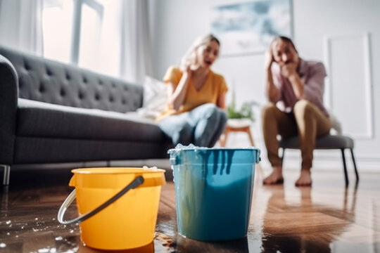 The roof is leaking, the pipe in the house has burst: water is dripping into the buckets in the living room. Frustrated tenants in the background. AI Generative