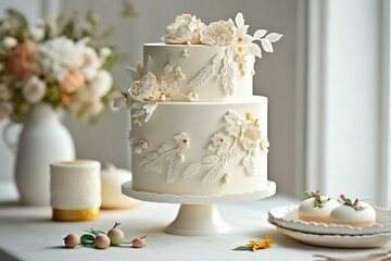 Ai generated illustration well decorated Wedding Cake by window