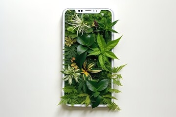 White mobile phone with screen from green leaves and plants. Eco friendly social media concept. AI generative