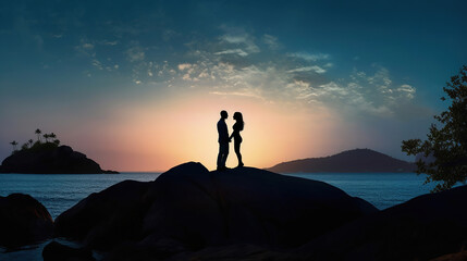 Obraz premium The man and woman standing on the rocky sea shore. Generative Ai