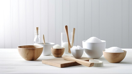 Fototapeta na wymiar Kitchen accessories in white wooden table and white background and white tableware with salt in wooden bowl. Generative Ai