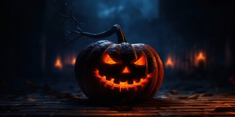 Scary jack o lantern with light on the forest made with Generative AI