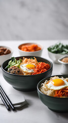 Ai generated illustration Tasty Bibimbap, Korean spicy salad with rice and fried egg
