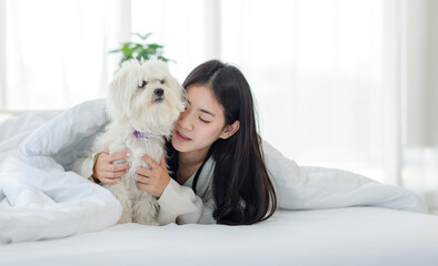 Asian young happy cheerful female owner laying lying down smiling hugging cuddling embracing best friend companion dog white long hair mutt shih tzu under blanket on bed together in bedroom at home