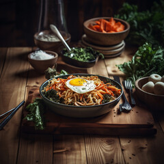 Ai generated illustration Tasty Bibimbap, Korean spicy salad with rice and fried egg