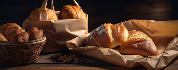 Ai generated illustration  fresh Bread variety in disposalable paper bag