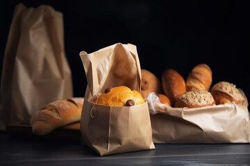 Ai generated illustration  fresh Bread variety in disposalable paper bag