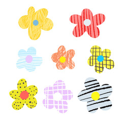 hand-drawn colored childish  simple flat art with flowers in scandinavian style. Cute baby flower illustrations. Stickers for kids with botanical elements. Nature, garden