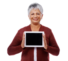 Isolated mature woman, tablet and portrait with blank screen, mockup space and transparent png background. Senior lady, digital touchscreen and happy for social media, communication and connection