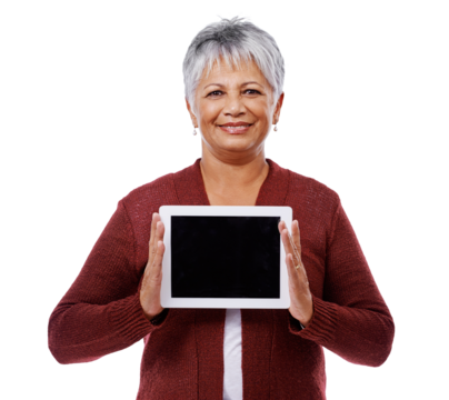 Isolated mature woman, tablet and portrait with blank screen, mockup space and transparent png background. Senior lady, digital touchscreen and happy for social media, communication and connection - Powered by Adobe