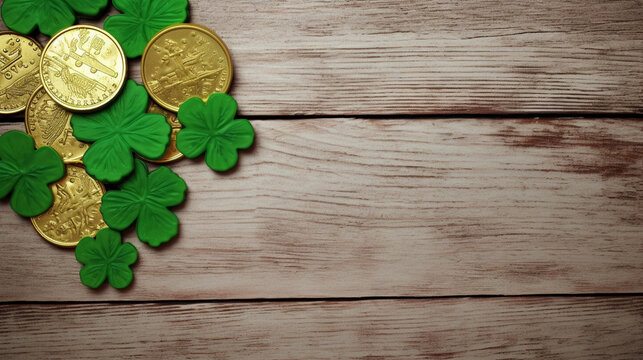 St Patrick's Day Flat Lay on a Light Wooden Background, Generative AI