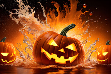 Halloween pumpkin Jack O' Lantern with splashes and black background, generative AI