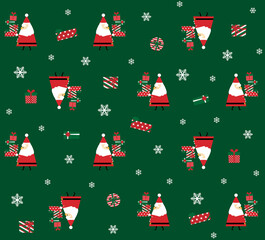 プレゼントを運ぶサンタクロースと雪の結晶のシームレスパターン（緑）