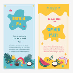 Summer themed banners set. Creative compositions of colorful palm leaves and branches. Abstract geometric design templates for posters, covers, wallpapers with place for text. Flat style vector